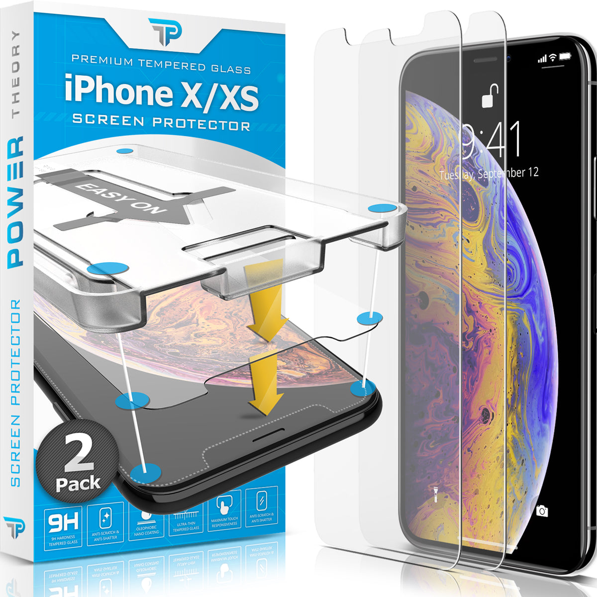 Power Theory Schutzfolie kompatibel mit iPhone XS/iPhone X [2 Stück] - mit Schablone, Glas Folie, Displayschutzfolie, Schutzglas Cover