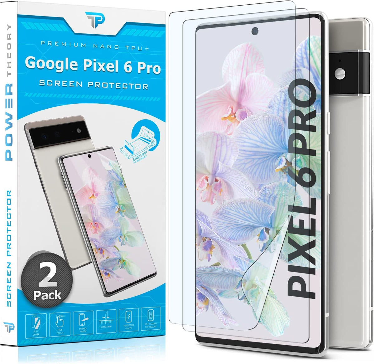 Power Theory Schutzfolie für Google Pixel 6 PRO Displayschutz [KEIN GLAS] 3D Nano-Tech Folie, 100% Fingerabdrucksensor, Einfache Installation [2 Stück] Cover