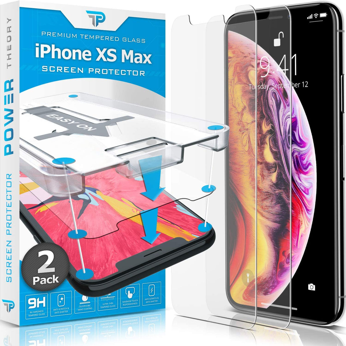 Power Theory Schutzfolie kompatibel mit iPhone XS Max [2 Stück] -  mit Schablone, Glas Folie, Displayschutzfolie, Schutzglas Cover