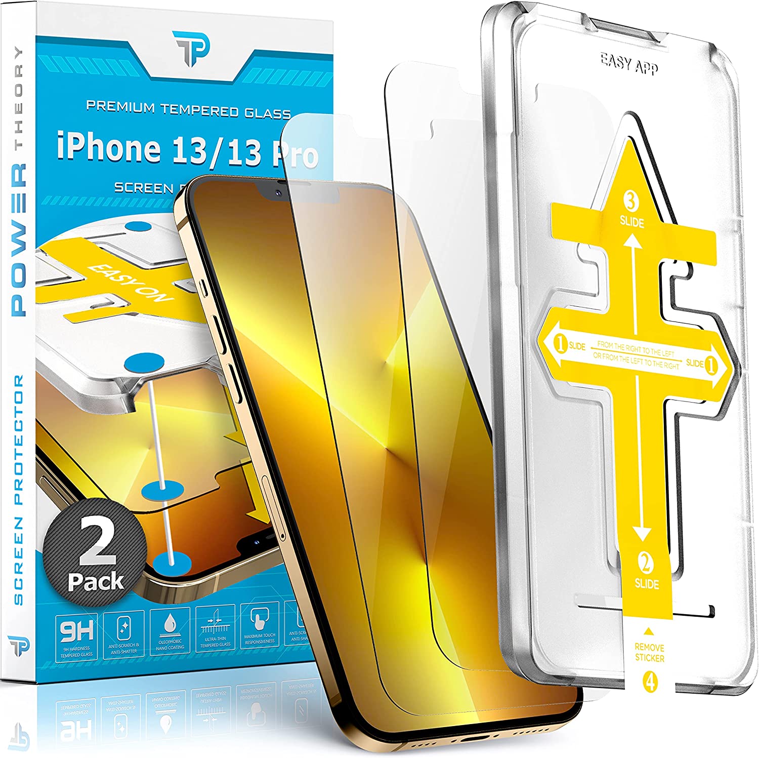 Power Theory Schutzfolie kompatibel mit iPhone 13 Pro/iPhone 13 [2 Stück] -  mit Anbringhilfe, Glas Folie, Displayschutzfolie, Schutzglas mit Schablone