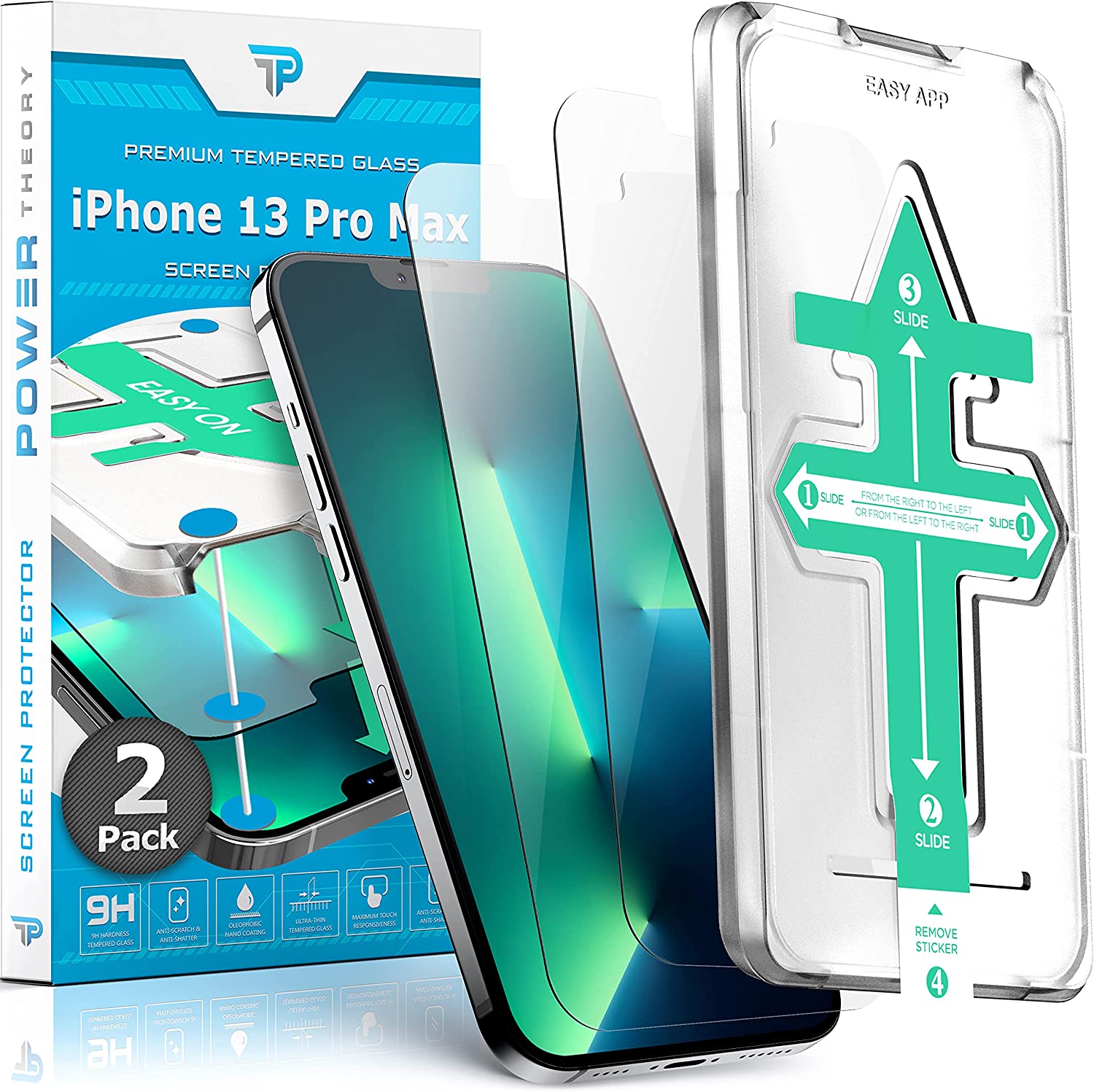 Power Theory für iPhone 13 Pro Max [2 Stück] - Schutzfolie mit Anbringhilfe, Glas Folie, Displayschutzfolie, Schutzglas mit Schablone