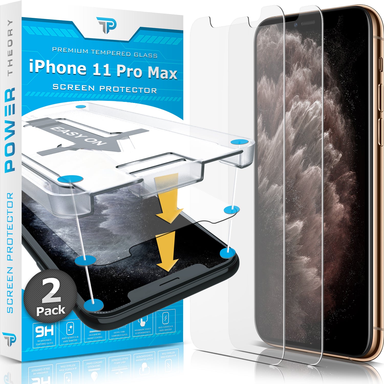 Power Theory Schutzfolie kompatibel mit iPhone 11 Pro MAX [2 Stück] -  mit Schablone, Glas Folie, Displayschutzfolie, Schutzglas